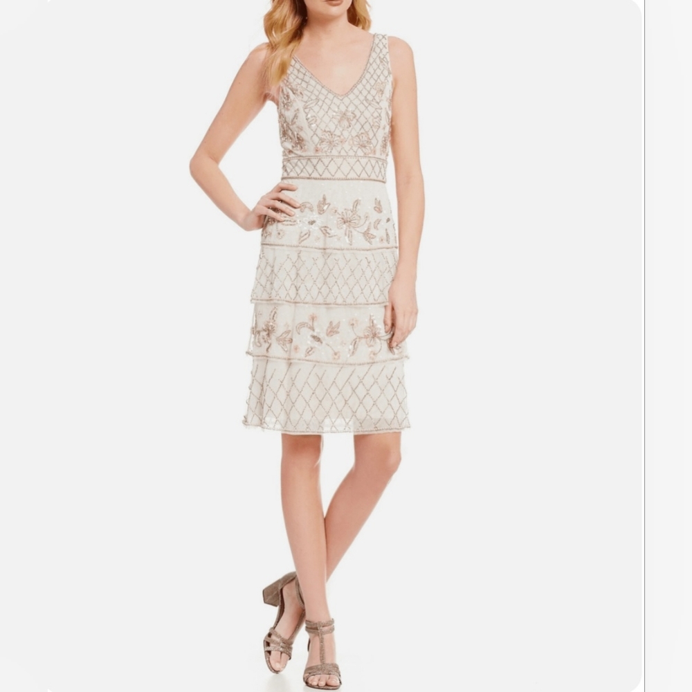 NWT - Adrianna Papell Ivory Tier Beaded Dress - Picture 2 of 7